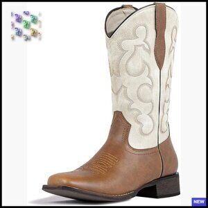 Square Toe Cowboy Boots Mid Calf Western Style Comfortable Pull On Heeled